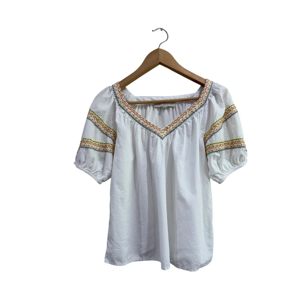 Loft Womens White Embroidered V-Neck Puff Sleeve Cotton Lyocell Blouse XS